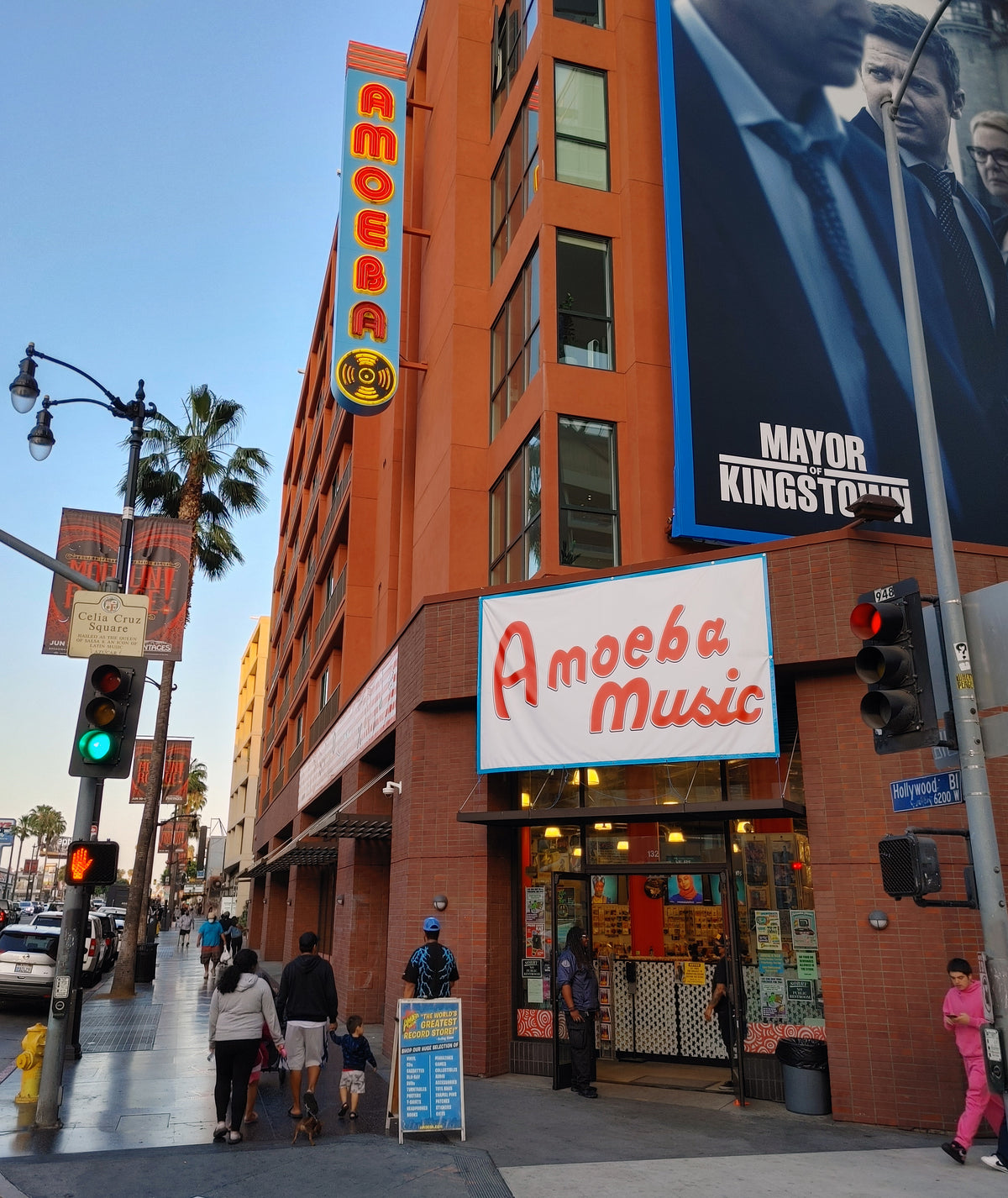 Amoeba Music entrance and vertical sign on Hollywood Boulevard in Los Angeles, photographed in 2022.