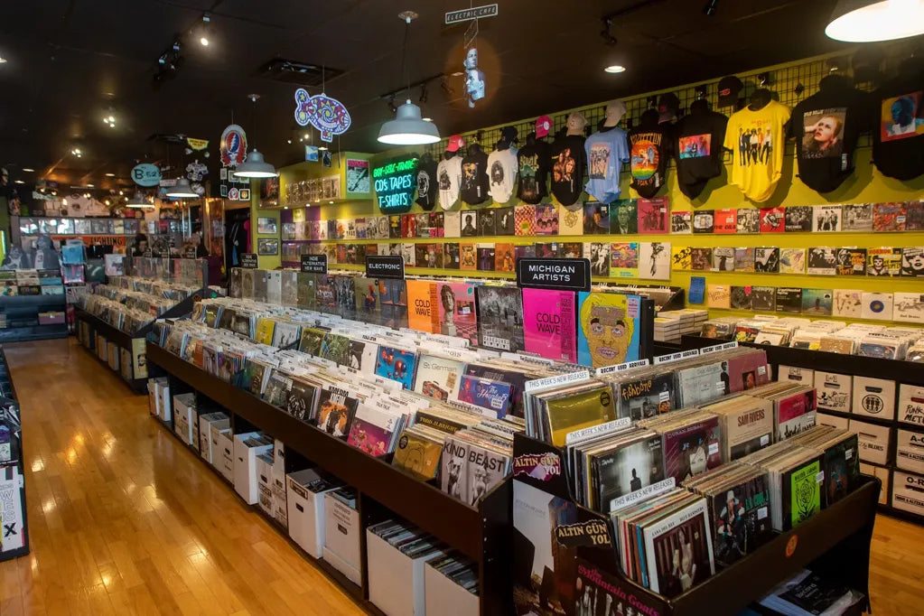 Vinyl bins and wall displays inside UHF Records in Royal Oak.