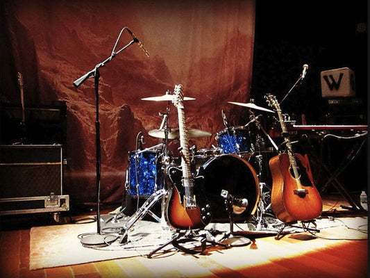 A band set up onstage at Lincoln Hall in Chicago in 2012