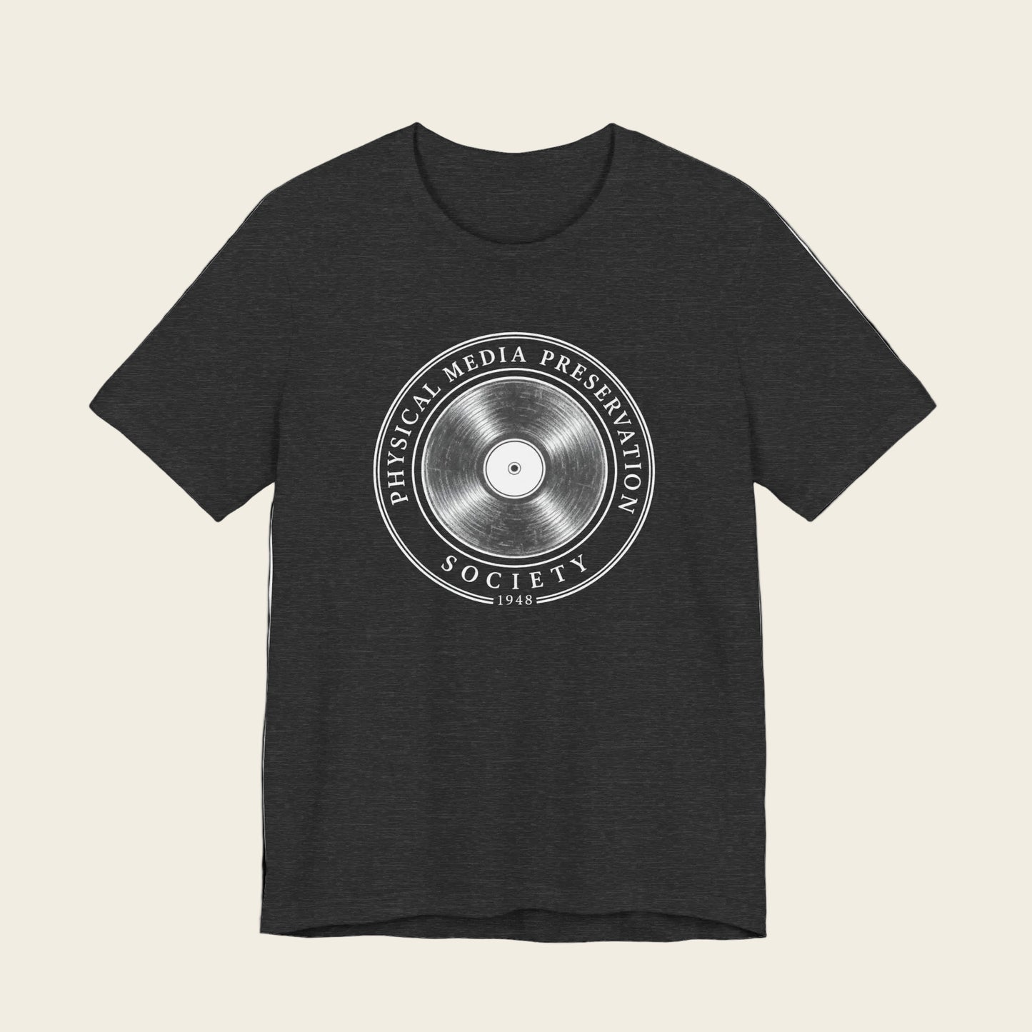 Physical Media Preservation Society Tee with vintage record seal graphic