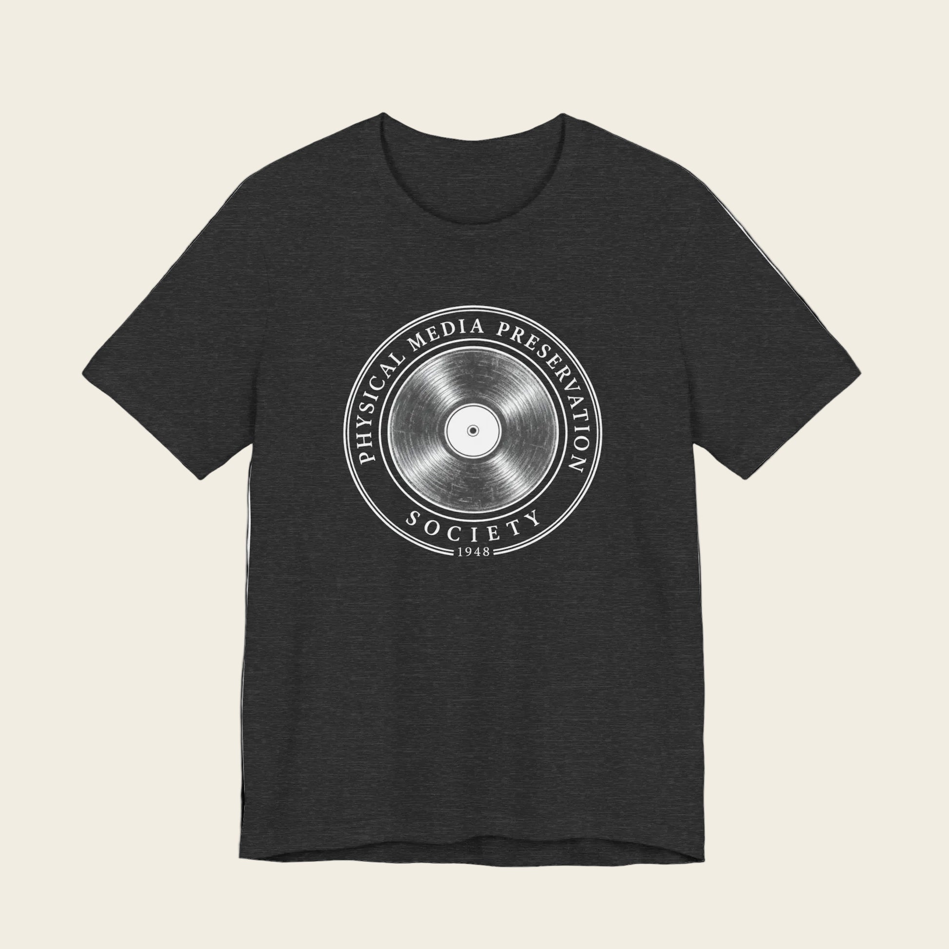 Physical Media Preservation Society Tee with vintage record seal graphic