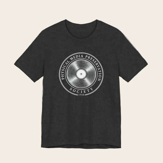 Physical Media Preservation Society Tee with vintage record seal graphic