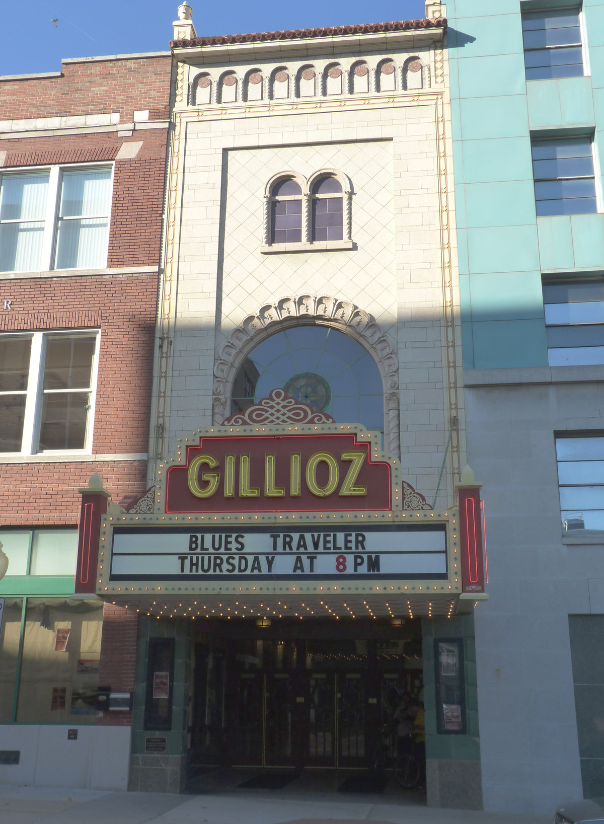 Historic Gillioz Theatre facade and marquee in Springfield, Missouri