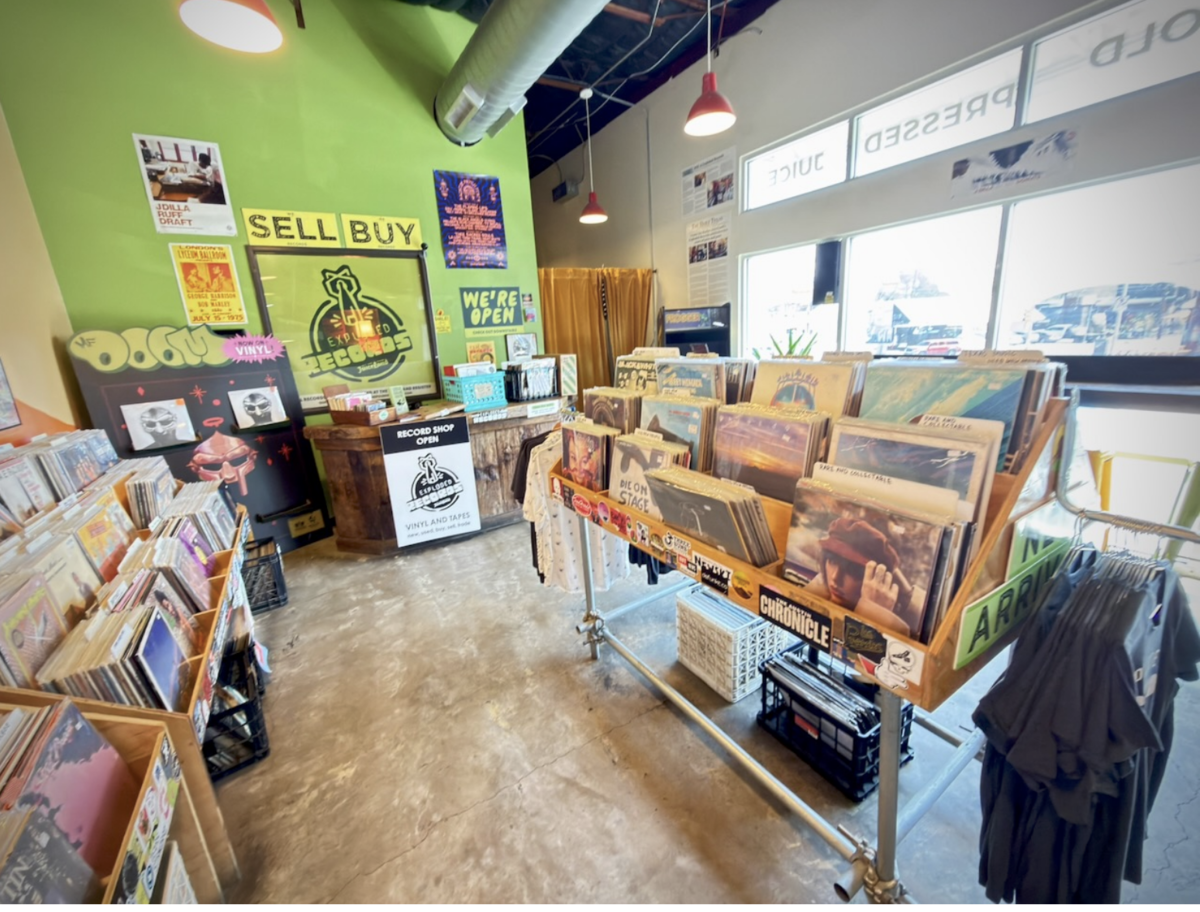 Record bins in Exploded Records’ upstairs JuiceLand space on Guadalupe.