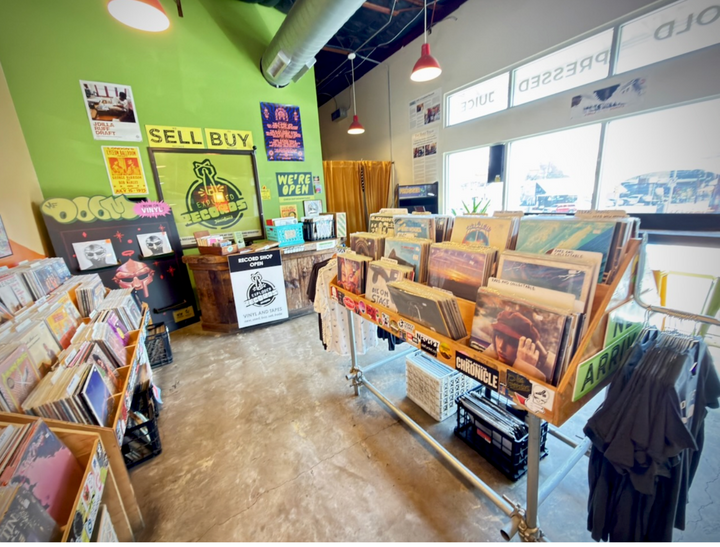 Record bins in Exploded Records’ upstairs JuiceLand space on Guadalupe.