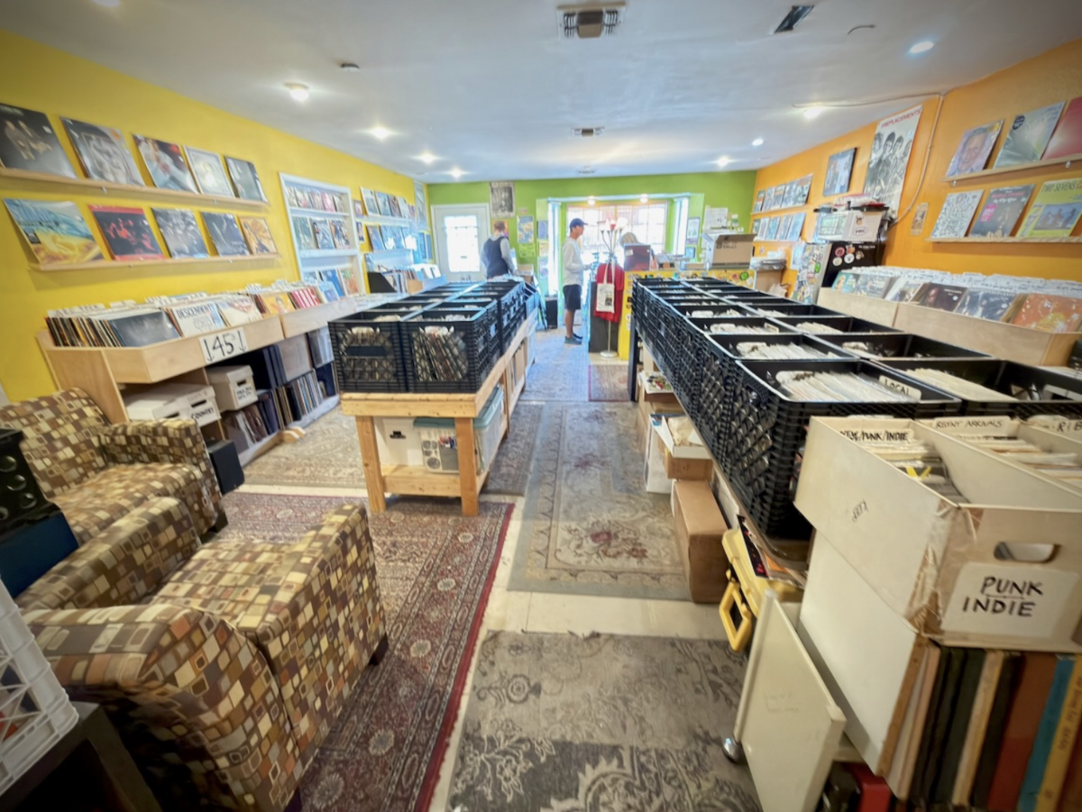 Record bins inside Love Wheel Records on Justin Lane in Austin.