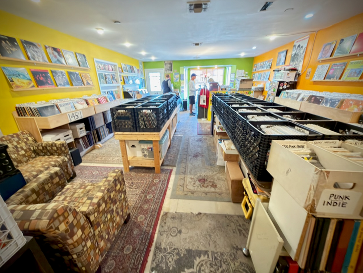 Record bins inside Love Wheel Records on Justin Lane in Austin.