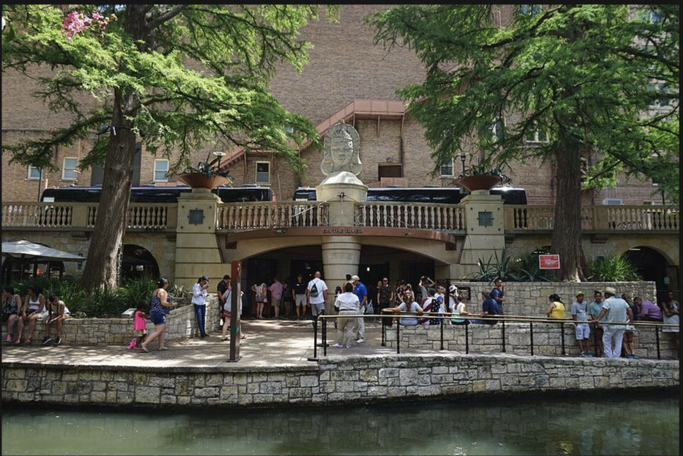 Aztec Theatre facade beside the San Antonio River Walk