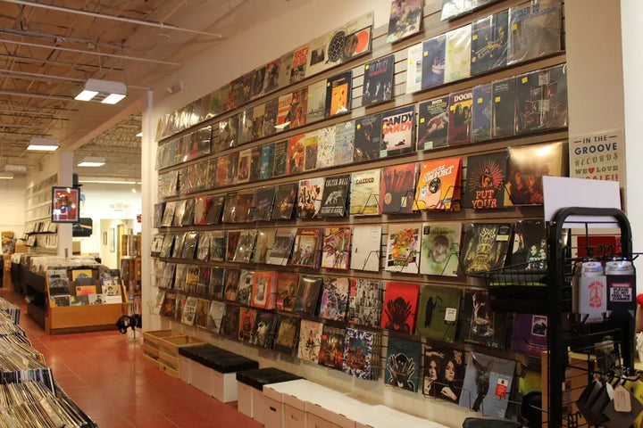 Record displays and aisles inside Dearborn Music.