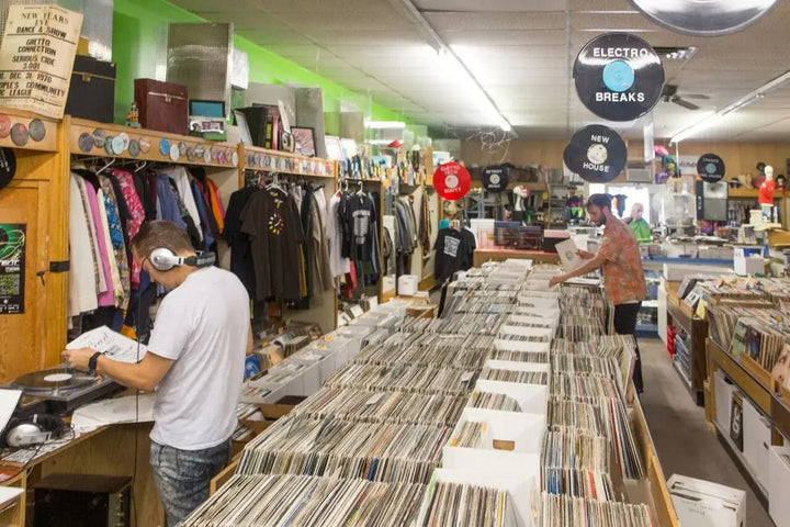 Record bins and clothing racks inside Detroit Threads in Hamtramck.