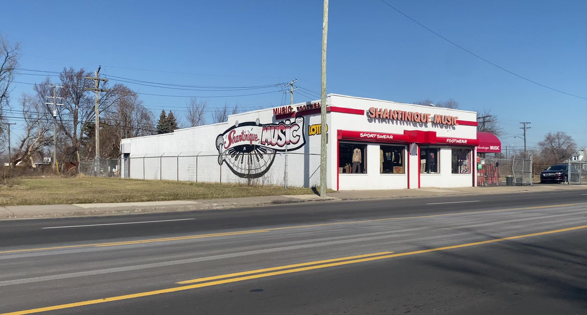 Shantinique Music & Sportswear building on Harper Avenue in Detroit.