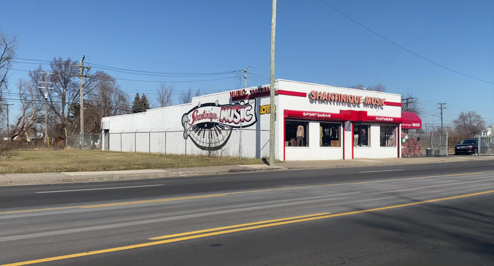 Shantinique Music & Sportswear building on Harper Avenue in Detroit.