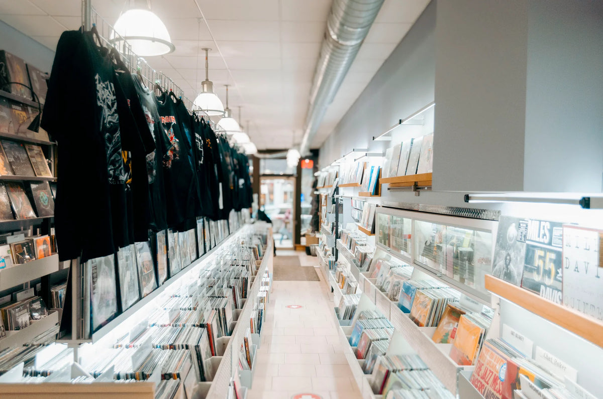 Record bins, CDs and merchandise inside Freeson Rock in Montréal.