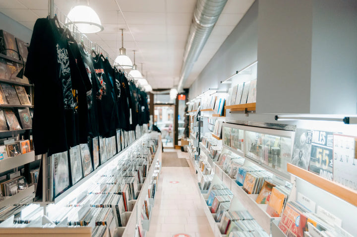 Record bins, CDs and merchandise inside Freeson Rock in Montréal.