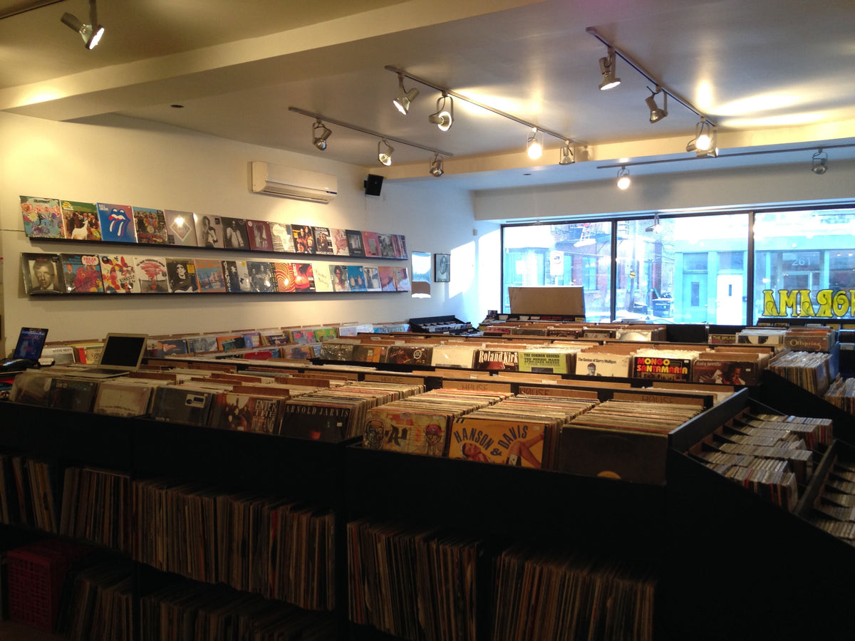 Record bins and wall displays inside Sonorama in Mile End.