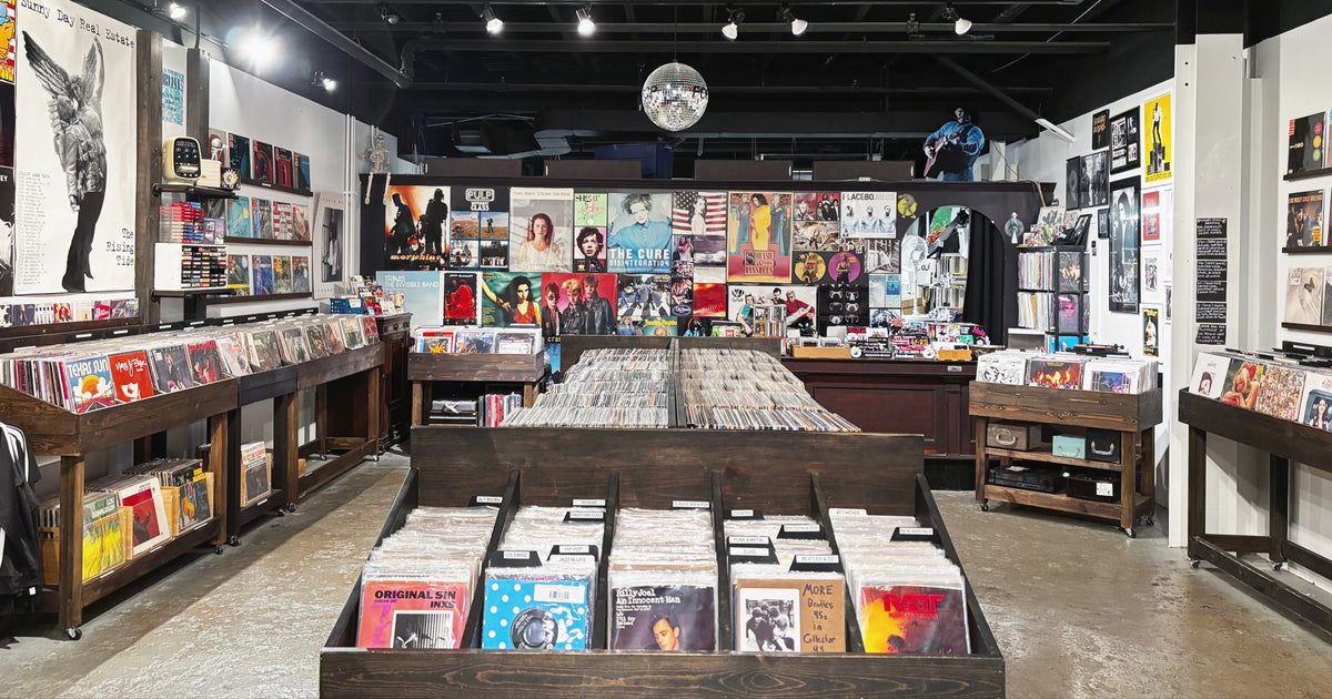 Rows of records and album displays inside Luna Record Shop at The Factory in Franklin.