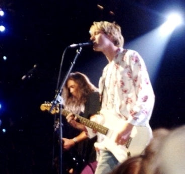 Kurt Cobain and Krist Novoselic of Nirvana performing in 1992